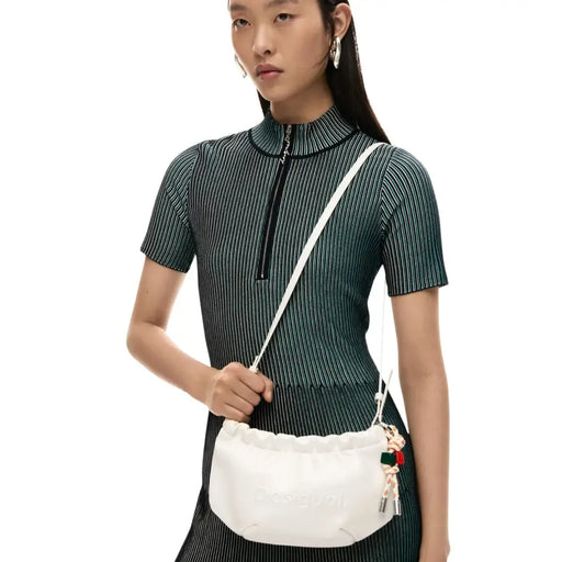 White polyester crossbody shoulder bag with embroidered logo, colorful tassel, drawstring closure, and zip pocket