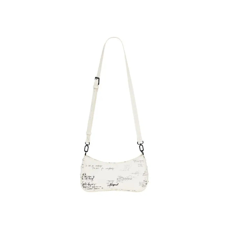 White Desigual beige polyurethane shoulder bag with black handwritten-style text design and matching strap with zip closure