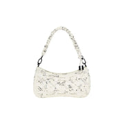 Desigual beige polyurethane handbag with zip featuring a white base, black scribble pattern, and braided strap