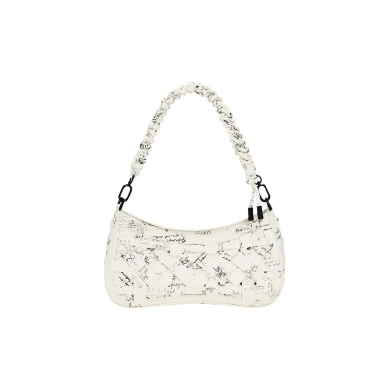 Desigual beige polyurethane handbag with zip featuring a white base, black scribble pattern, and braided strap