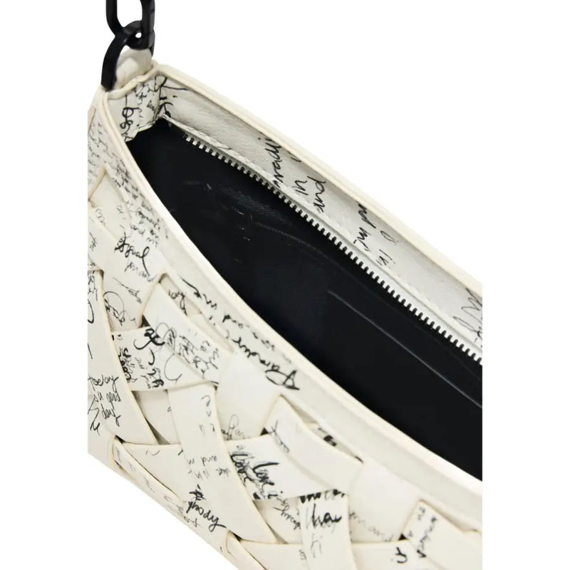 Desigual beige polyurethane handbag featuring a white woven clutch design with black script pattern and zippered interior