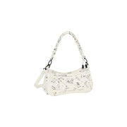 Desigual beige polyurethane handbag with white graffiti signature pattern and braided chain adjustable shoulder strap