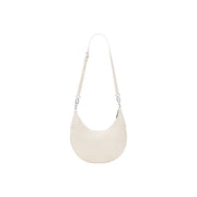 Cream-colored leather crescent-shaped crossbody bag with slender adjustable strap and silver hardware by desigual