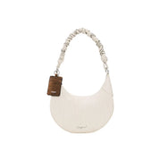 Cream-colored leather hobo bag with braided rope handle and brown textured tag in desalig beige polyurethane handbag with zip pocket