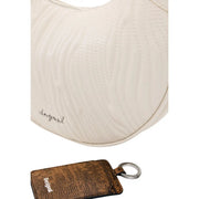 Cream-colored quilted leather hobo bag with subtle stitching and brown textured keychain by Desigual beige polyurethane