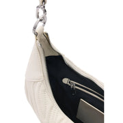 Desigual beige cream-colored quilted leather hobo bag with silver chain strap and black interior lining with zip pocket