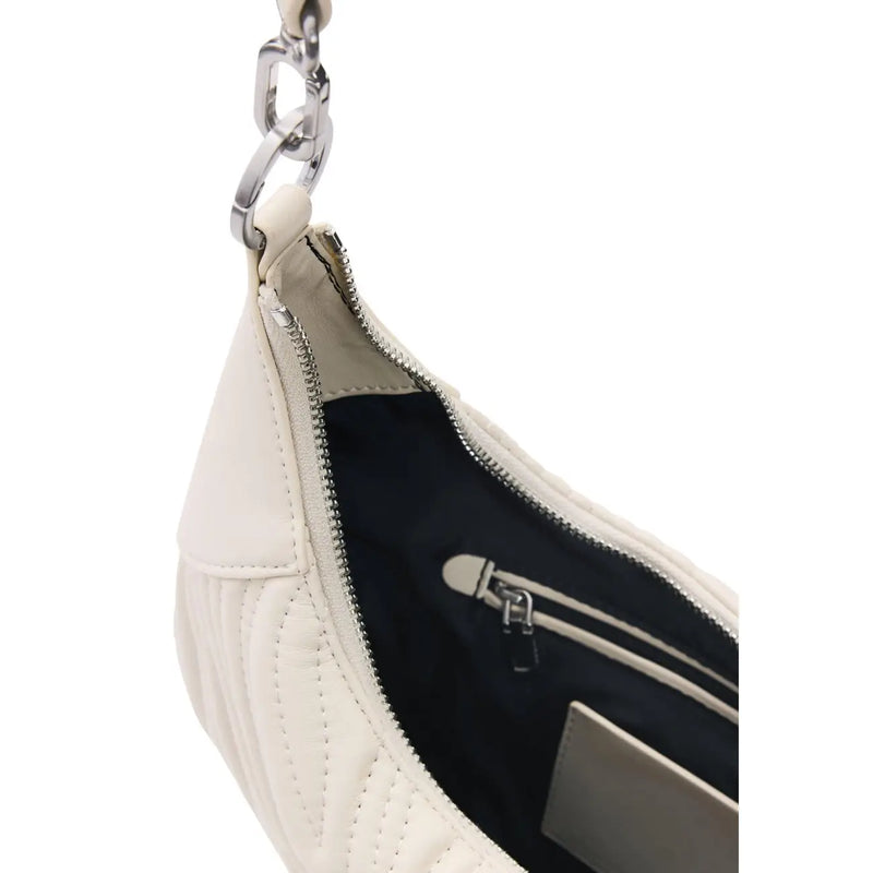 Desigual beige cream-colored quilted leather hobo bag with silver chain strap and black interior lining with zip pocket