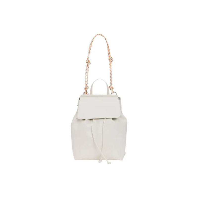 Desigual beige leather rucksack with braided shoulder strap and drawstring closure featuring multiple pockets