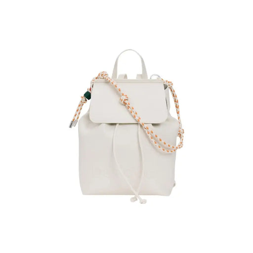 Cream-colored leather Desigual beige rucksack with braided tan and white rope shoulder strap and pockets