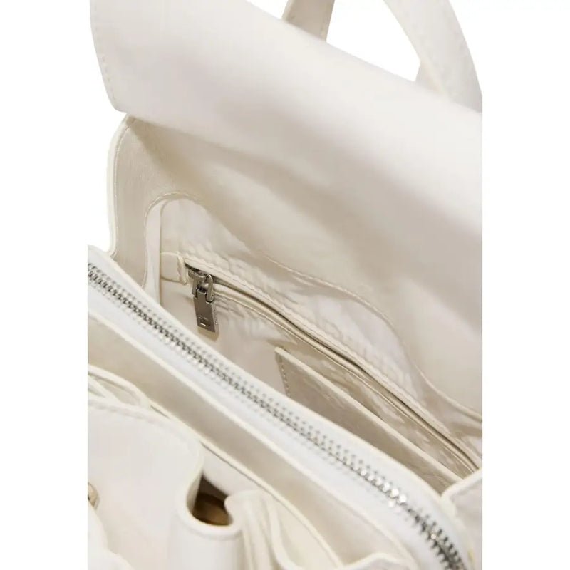 White leather tote bag with minimalist design and silver zippers featured as Desigual beige rucksack with pockets