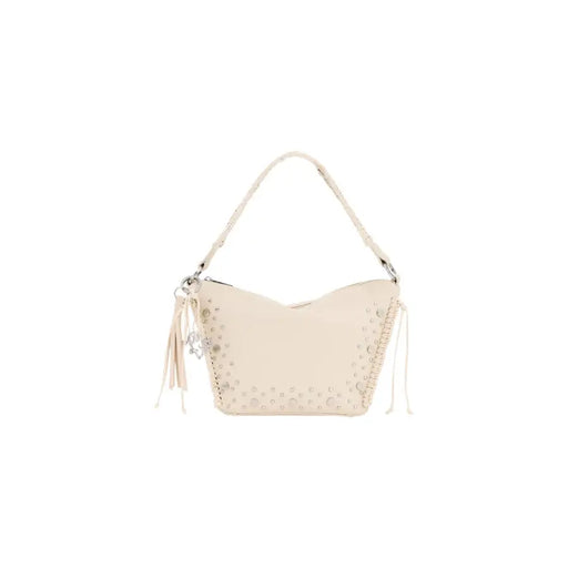Desigual beige leather hobo bag with silver studs tassel details and shoulder strap for women