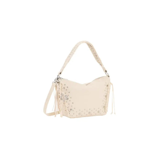 Desigual beige cream-colored leather hobo bag with braided handles silver-toned studs and shoulder strap for women