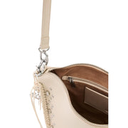 Desigual beige women’s handbag cream-colored leather crossbody bag with silver hardware and braided tassel accents
