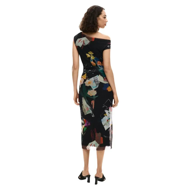 Robe midi noire Desigual à épaules dénudées et imprimé floral coloré