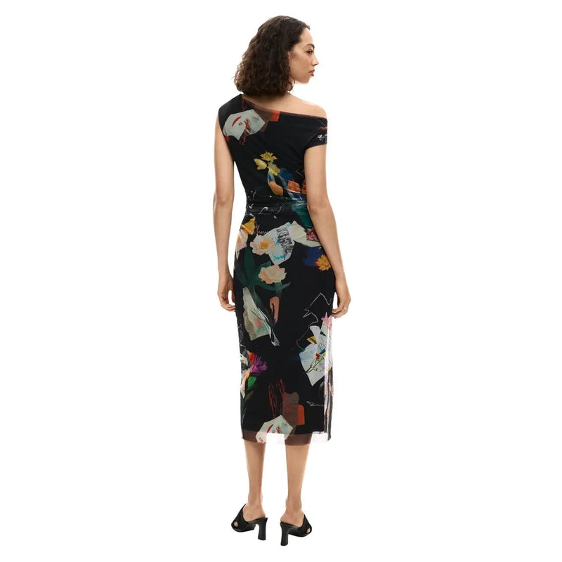 Desigual black off-the-shoulder midi dress with vibrant floral abstract print made of polyester elastane for women