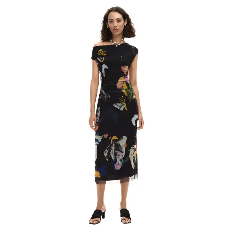 Robe midi noire Desigual à épaules dénudées et imprimé floral abstrait