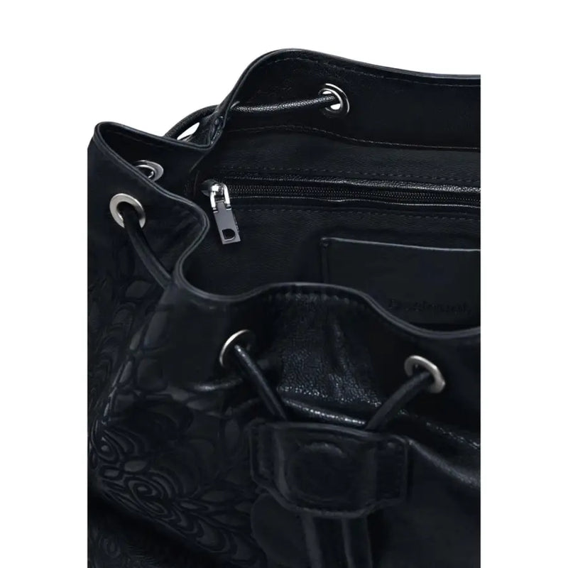 Desigual black leather bucket bag with embossed floral pattern and silver metal hardware convertible handbag backpack