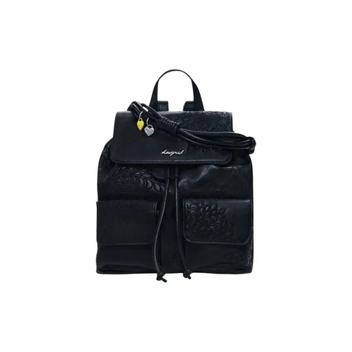 Desigual black leather convertible handbag backpack with embossed floral pattern front pockets drawstring closure and heart charms