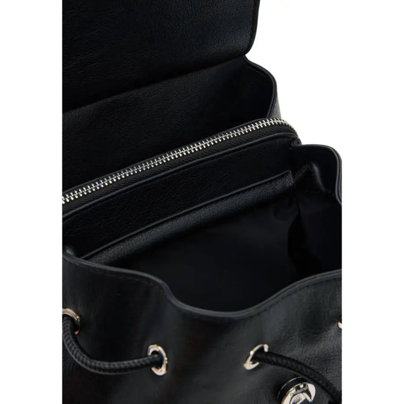 Desigual black leather convertible handbag rucksack with drawstring, silver metal hardware, and zipper lining pockets