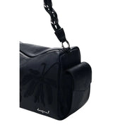 Desigual black leather crossbody bag with embossed palm tree design and braided chain strap with pockets
