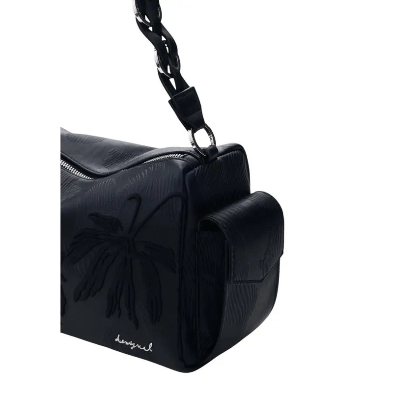 Desigual black leather crossbody bag with embossed palm tree design and braided chain strap with pockets