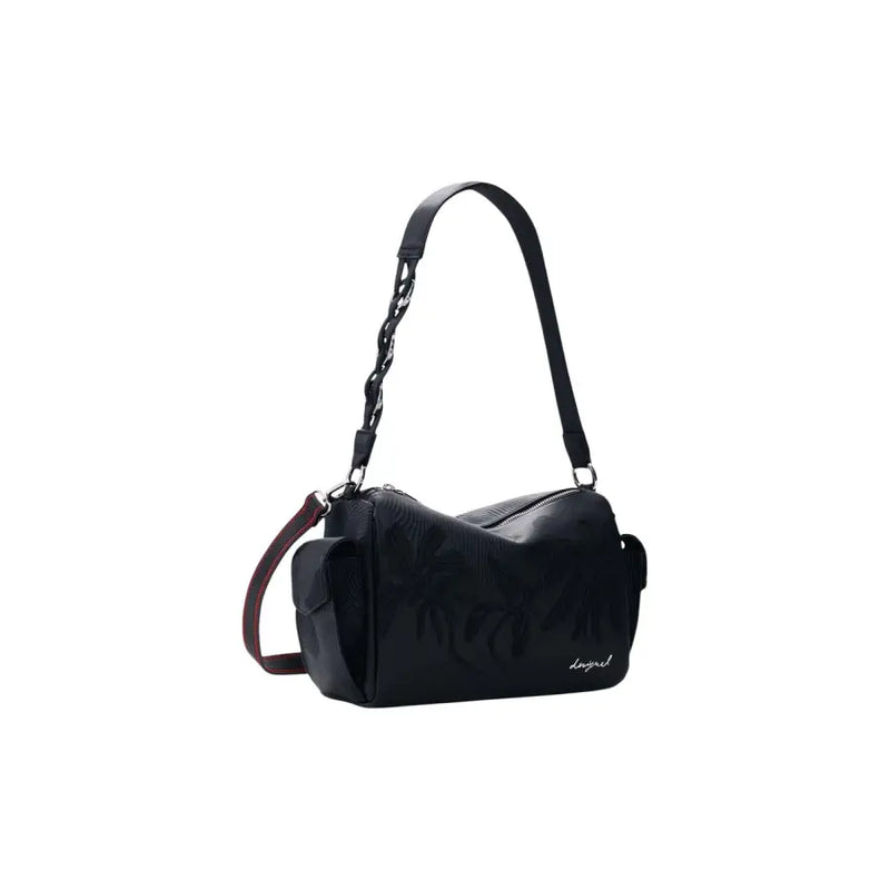 Desigual black leather shoulder bag with subtle leaf pattern and contrasting burgundy strap accents and pockets