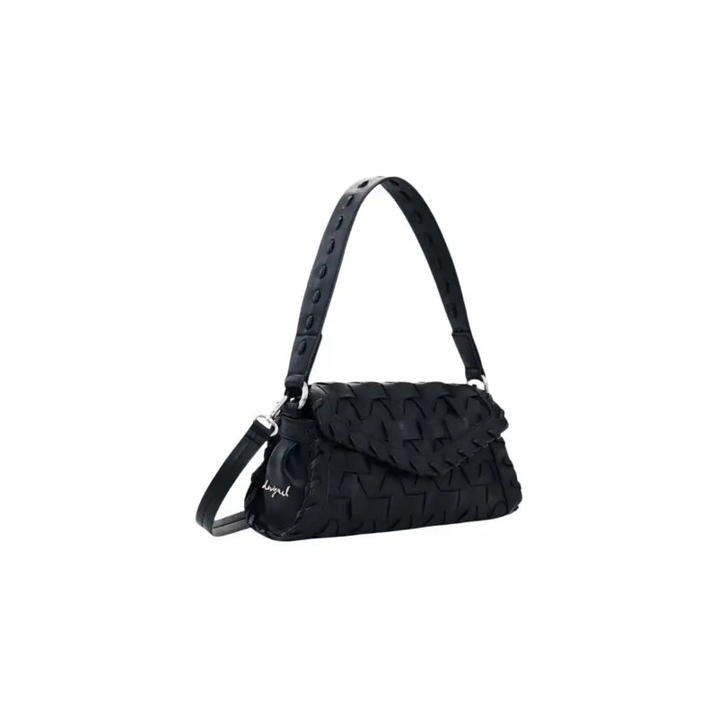 Desigual black woven leather handbag with structured texture and adjustable shoulder strap with inside pocket