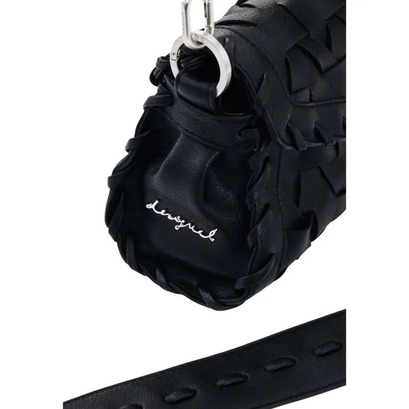 Desigual black woven leather crossbody handbag with silver-tone hardware shoulder strap and subtle embroidered logo