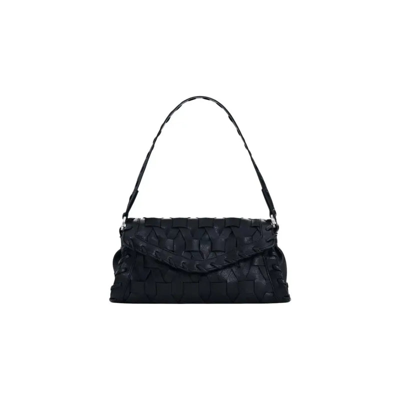 Desigual black woven leather handbag with shoulder strap featuring a structured textured pattern and inside pocket