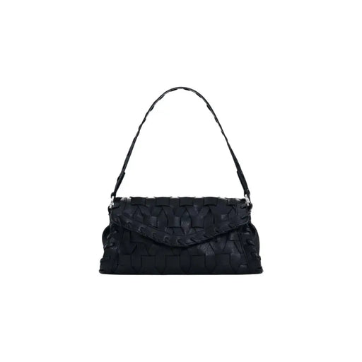 Desigual black woven leather handbag with shoulder strap featuring a structured textured pattern and inside pocket