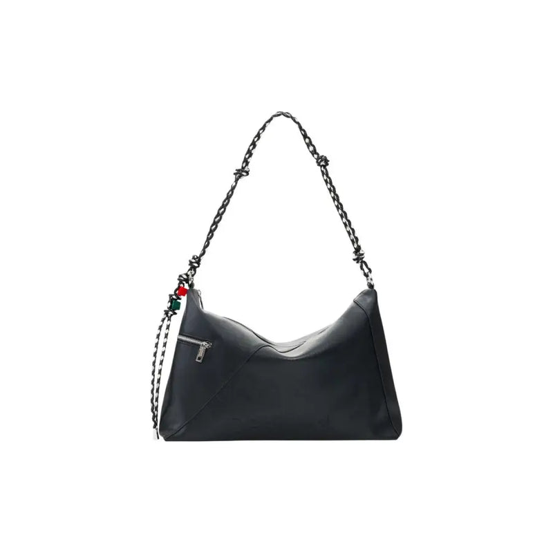 Desigual black leather hobo bag with chain strap and decorative red and green beads featuring shoulder pockets