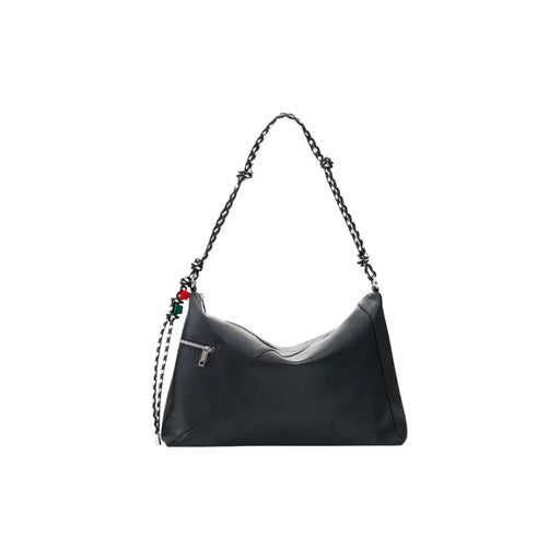 Desigual black leather hobo bag with chain strap and decorative red and green beads featuring shoulder pockets