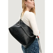 Desigual black leather handbag with silver chain shoulder strap and colorful bead accents with pockets