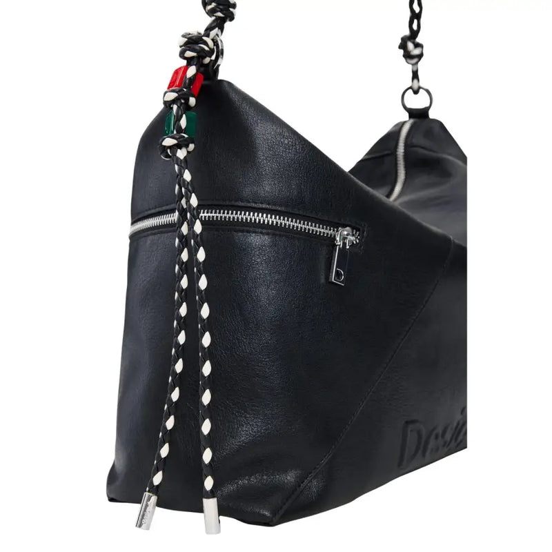 Desigual black leather hobo bag with braided black and white strap silver zipper and red green accent beads