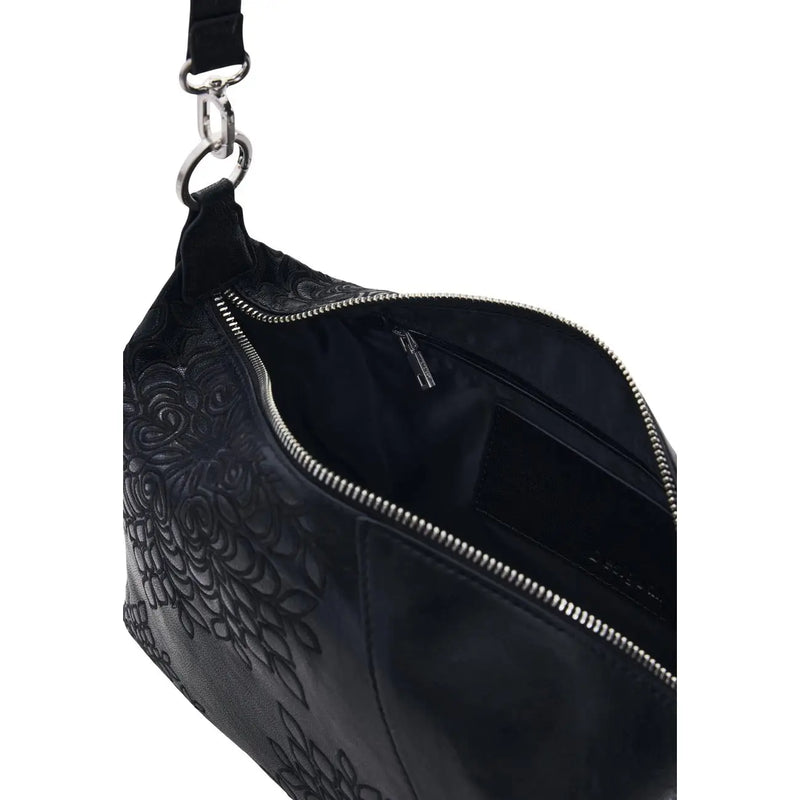 Desigual black leather crossbody bag with embossed floral pattern silver zipper shoulder strap and pockets