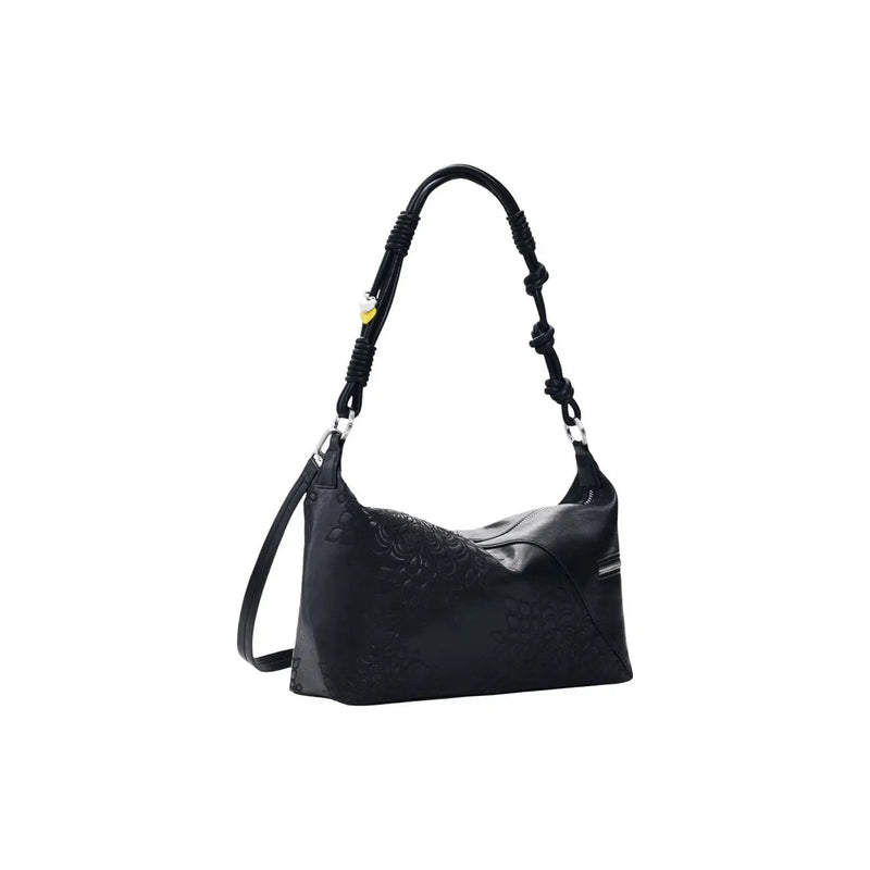 Desigual black leather hobo handbag with braided shoulder strap and subtle embossed floral pattern and pockets