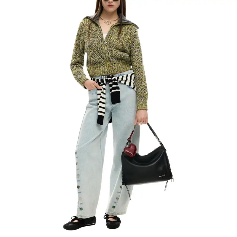 Sac hobo Desigual en cuir noir avec breloque cœur, bords effilochés, bandoulière et poches zippées