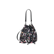 Desigual black multicoloured cotton bucket bag with drawstring closure and vibrant floral pattern with black straps