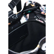 Desigual black leather shoulder bag with vibrant abstract floral print multicoloured cotton handbag with laces and black zipper