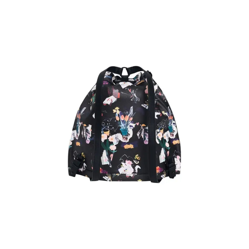 Desigual black multicoloured cotton drawstring backpack with vibrant floral and botanical print and laces