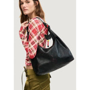 Desigual black polyester handbag featuring a black leather hobo bag with perforated floral pattern and butterfly charm