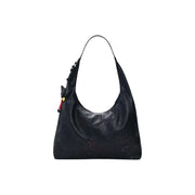 Desigual black leather hobo bag with perforated detailing and decorative charm on strap featuring zip and inside pocket