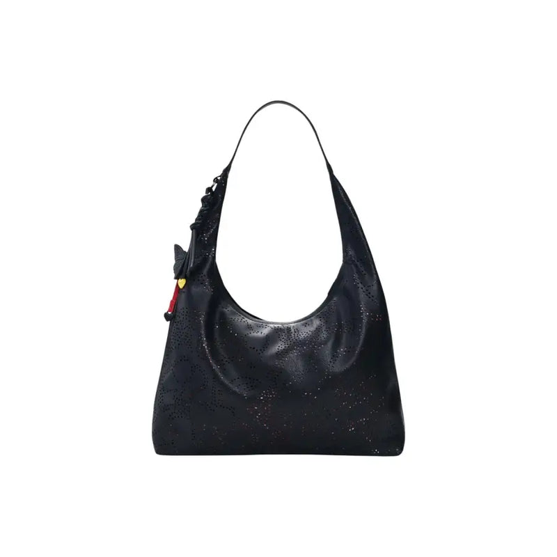 Desigual black leather hobo bag with perforated detailing and decorative charm on strap featuring zip and inside pocket