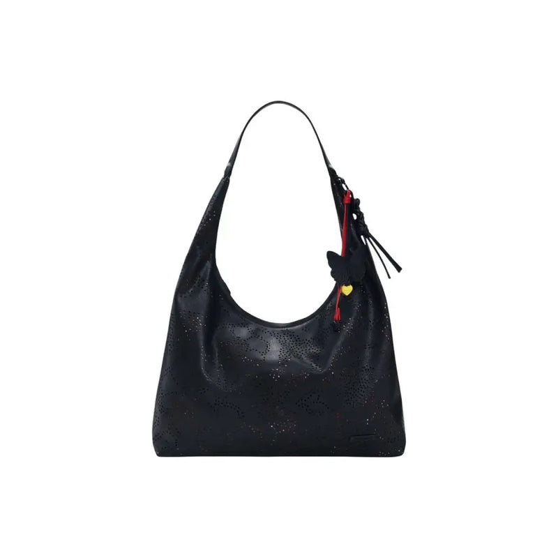 Sac hobo Desigual en cuir noir perforé, orné d'un charm papillon, d'une fermeture éclair et d'une poche.