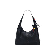 Desigual black polyester handbag with zip, inside pocket, perforated leather hobo design, and butterfly charm