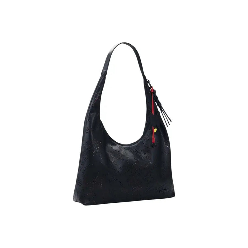 Sac hobo Desigual en cuir noir perforé avec tirette de fermeture éclair et pompon rouges
