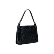 Desigual black polyester handbag with woven leather shoulder strap silver toned hardware and zip pocket detail
