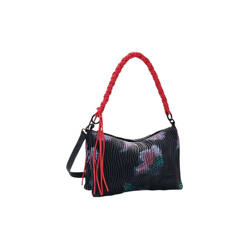 Desigual black polyester handbag with zip pocket featuring pleated design vibrant floral pattern and braided red handle