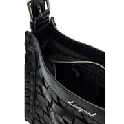Desigual black leather hobo bag with woven texture and silver-toned hardware featuring a zip pocket
