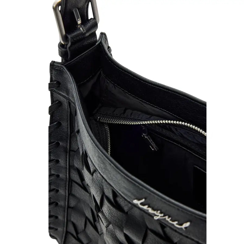Desigual black leather hobo bag with woven texture and silver-toned hardware featuring a zip pocket